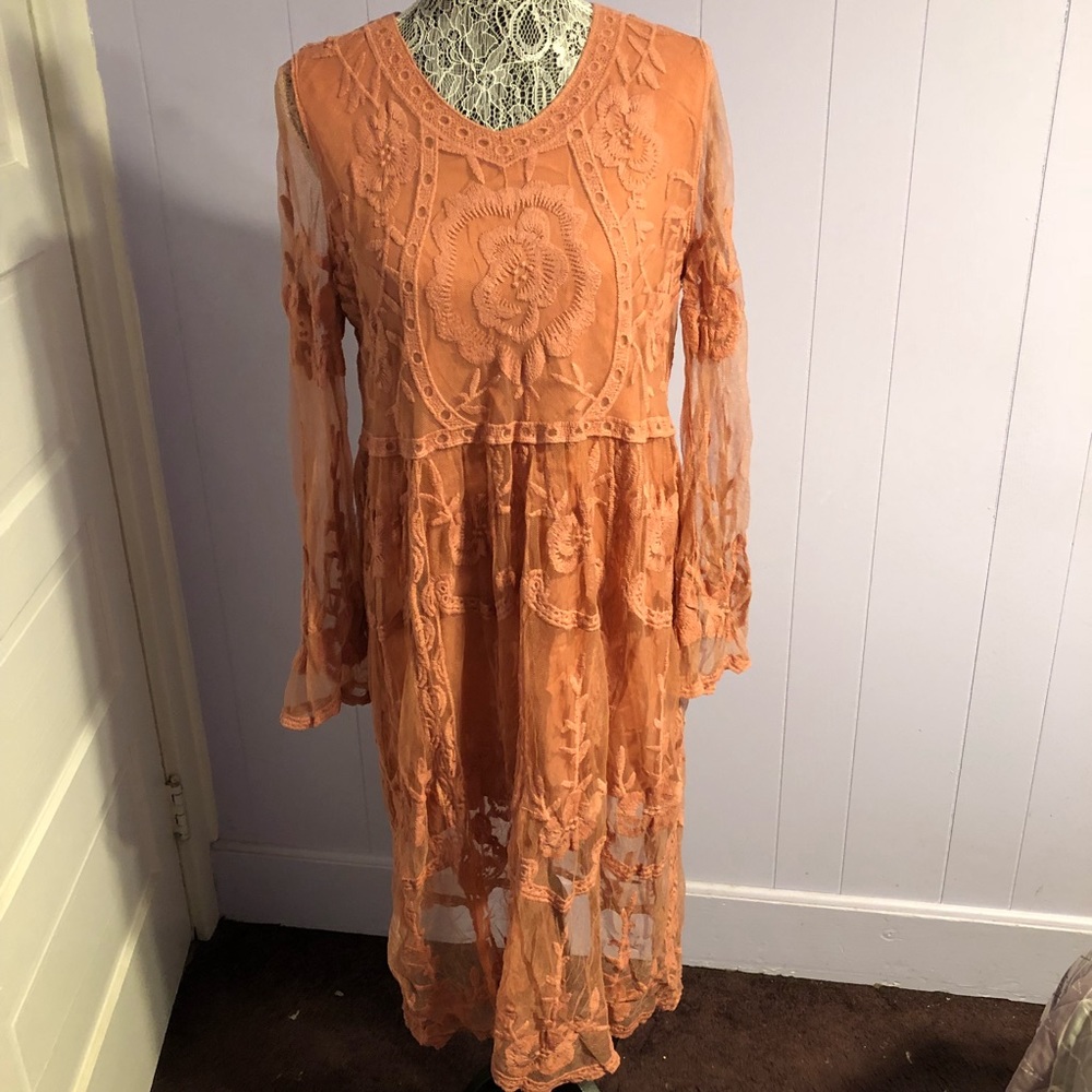 Salmon mesh lace midi dress